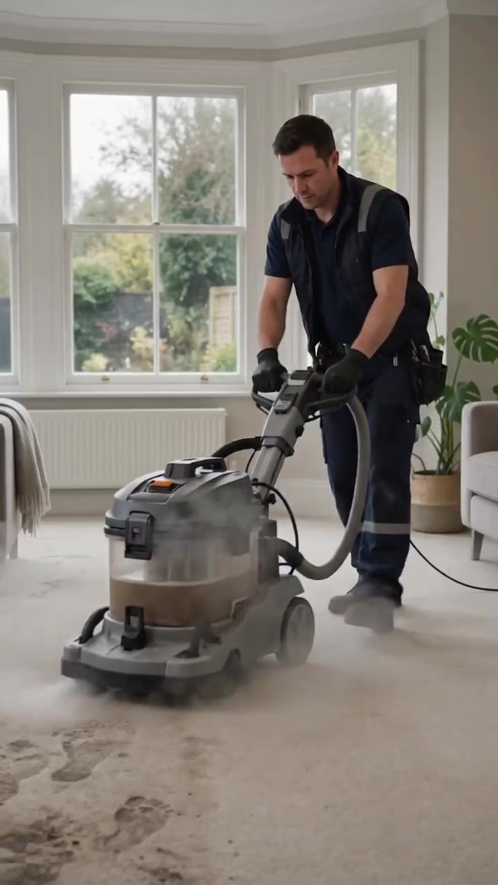 Professional carpet cleaning in progress